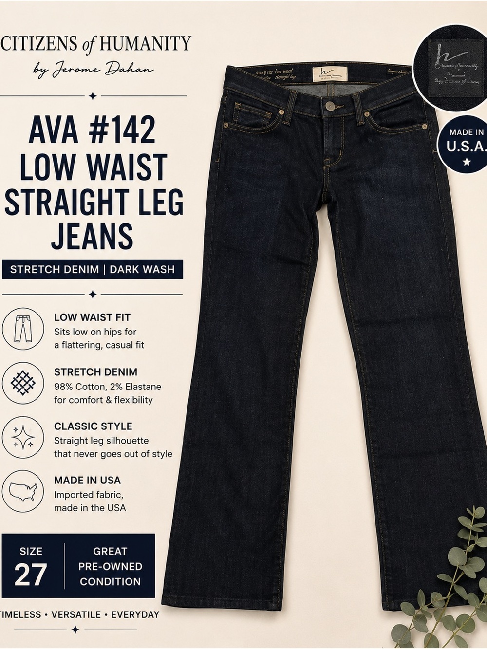 Citizens of Humanity Dark Blue Straight Leg Womens Jeans